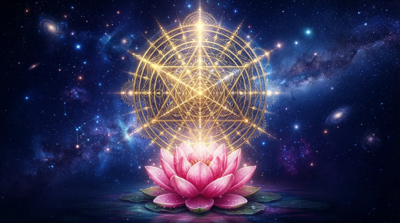 A cosmic geometric mandala glowing with gold lines over a blooming pink lotus in a starry night sky.