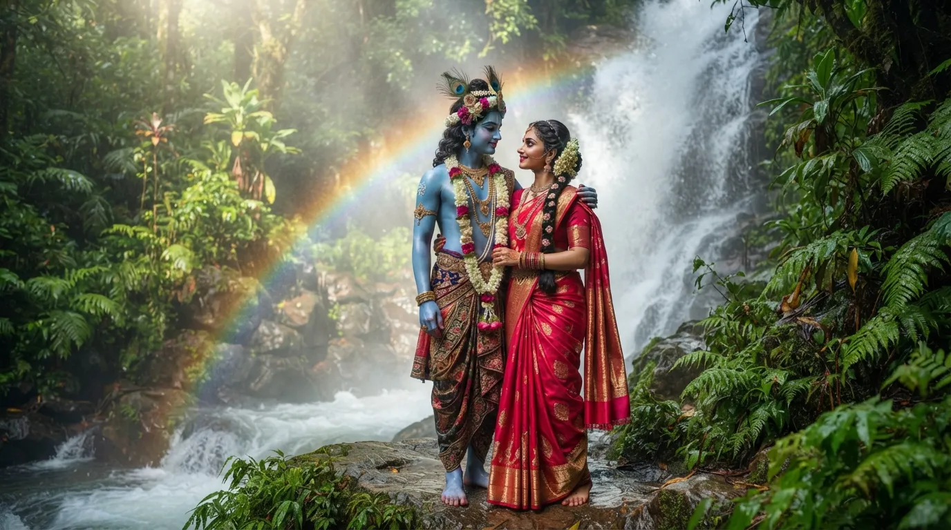 Divine couple embracing lovingly near a cascading waterfall surrounded by lush green forest trees
