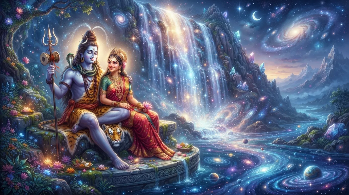 Shiva and Parvati sitting near a magical glowing waterfall made of flowing stardust and light beams.