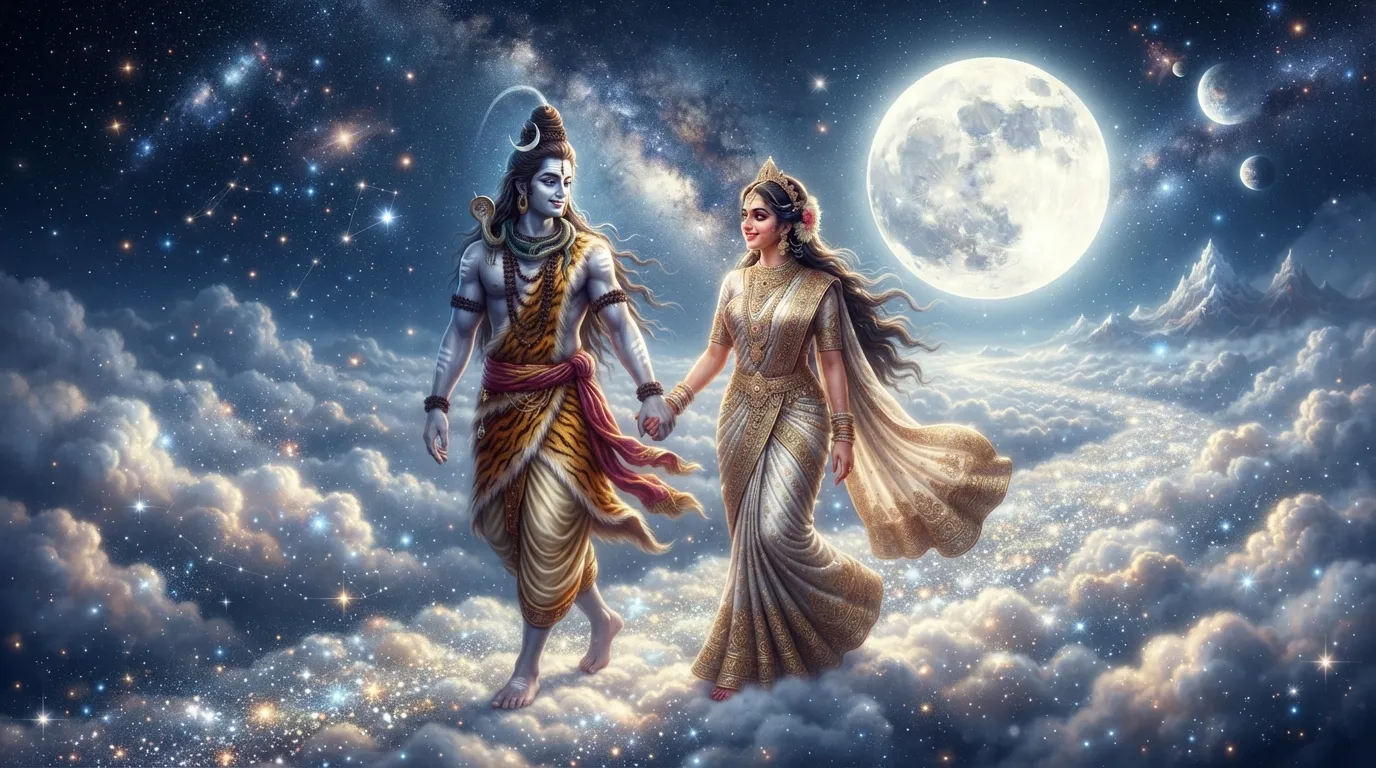 Lord Shiva and Goddess Parvati walking hand in hand over a celestial pathway of glowing clouds under the full moon
