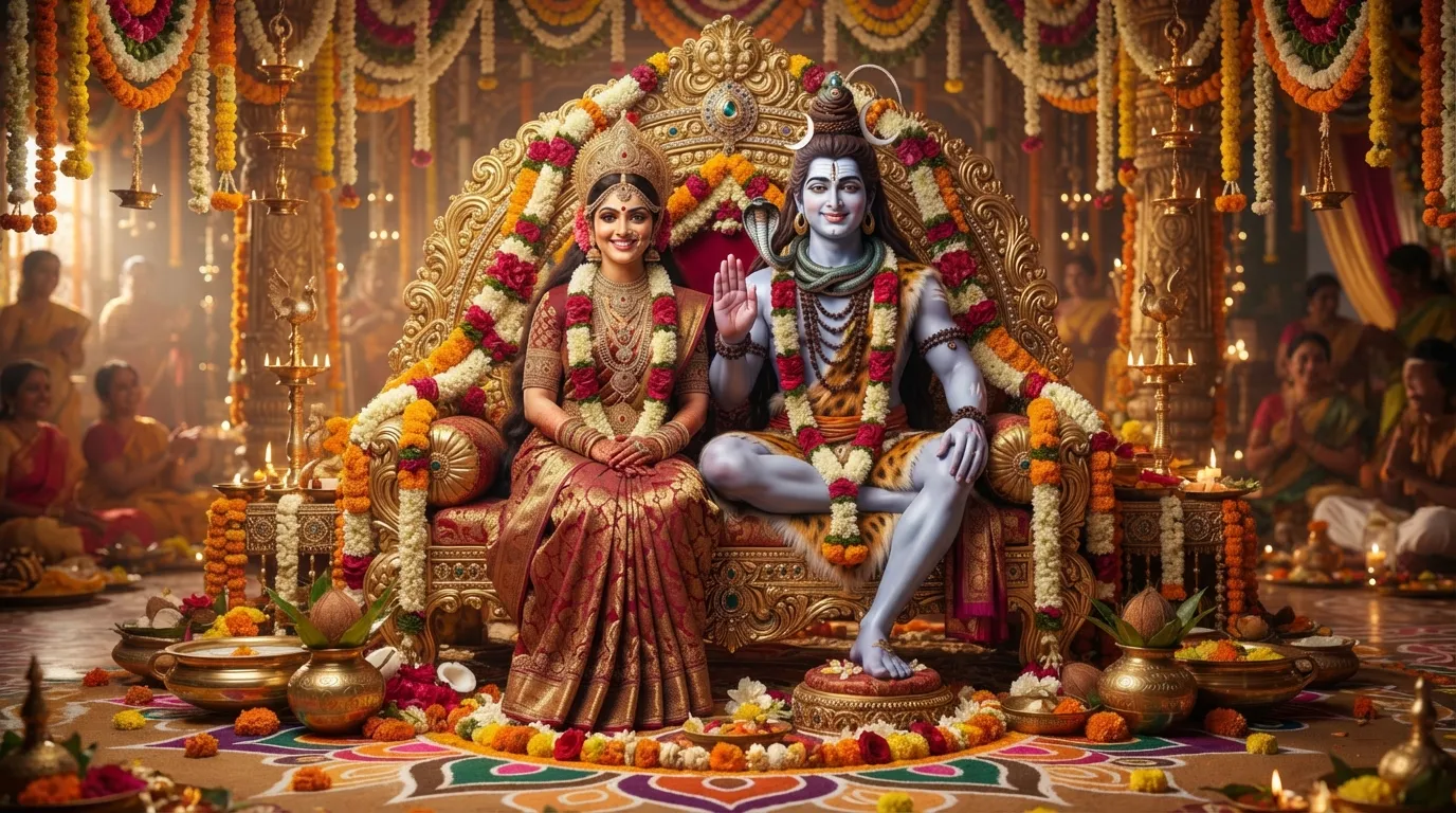 Seated divine couple wearing highly celebratory and festive traditional clothing
