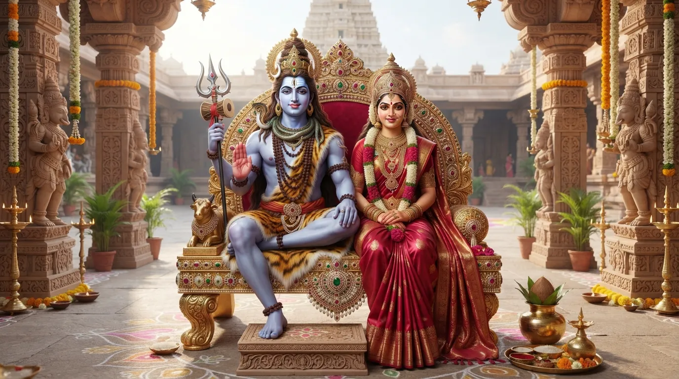 Seated divine couple in a traditional palace courtyard with rich ornaments