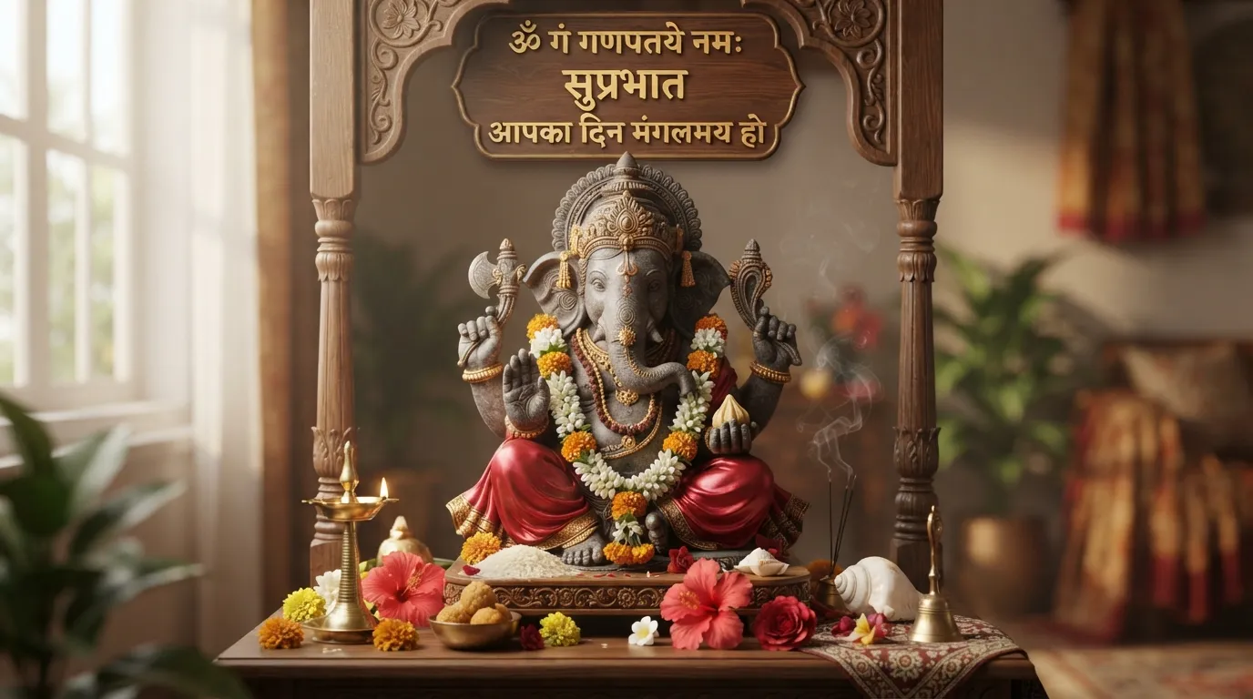 A peaceful image of Lord Ganesha with a Hindi morning blessing.