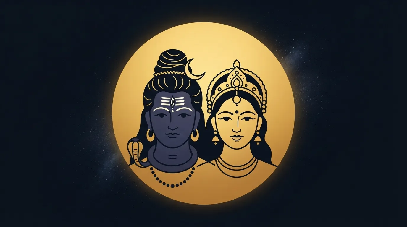 Minimalist sticker graphic of Shiva and Parvati surrounded by a single glowing golden aura.