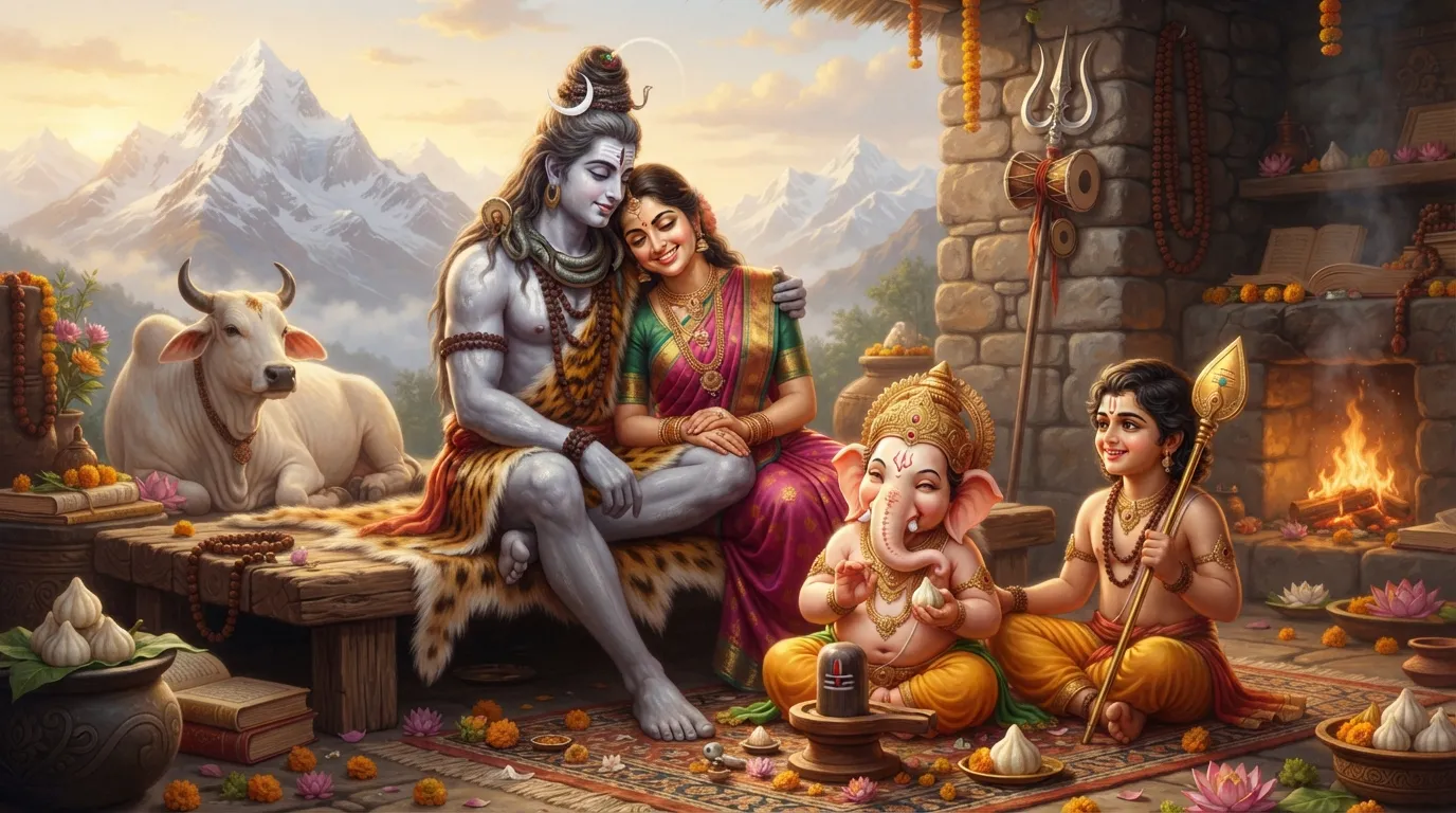 Beautiful picture of Lord Shiva, Goddess Parvati, Ganesha, and Kartikeya together as a happy family.