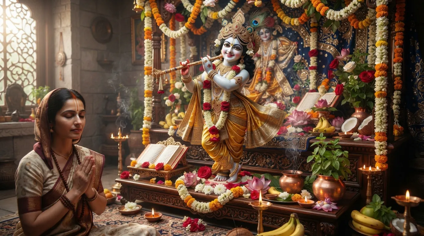 Lord Krishna playing flute in garden good morning images god hd