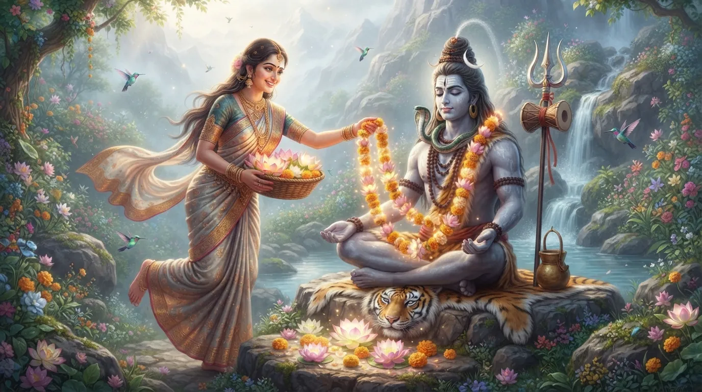 A peaceful animated image showing Goddess Parvati gently offering freshly picked flowers and a flower garland to Lord Shiva, in an act of love and service (seva).