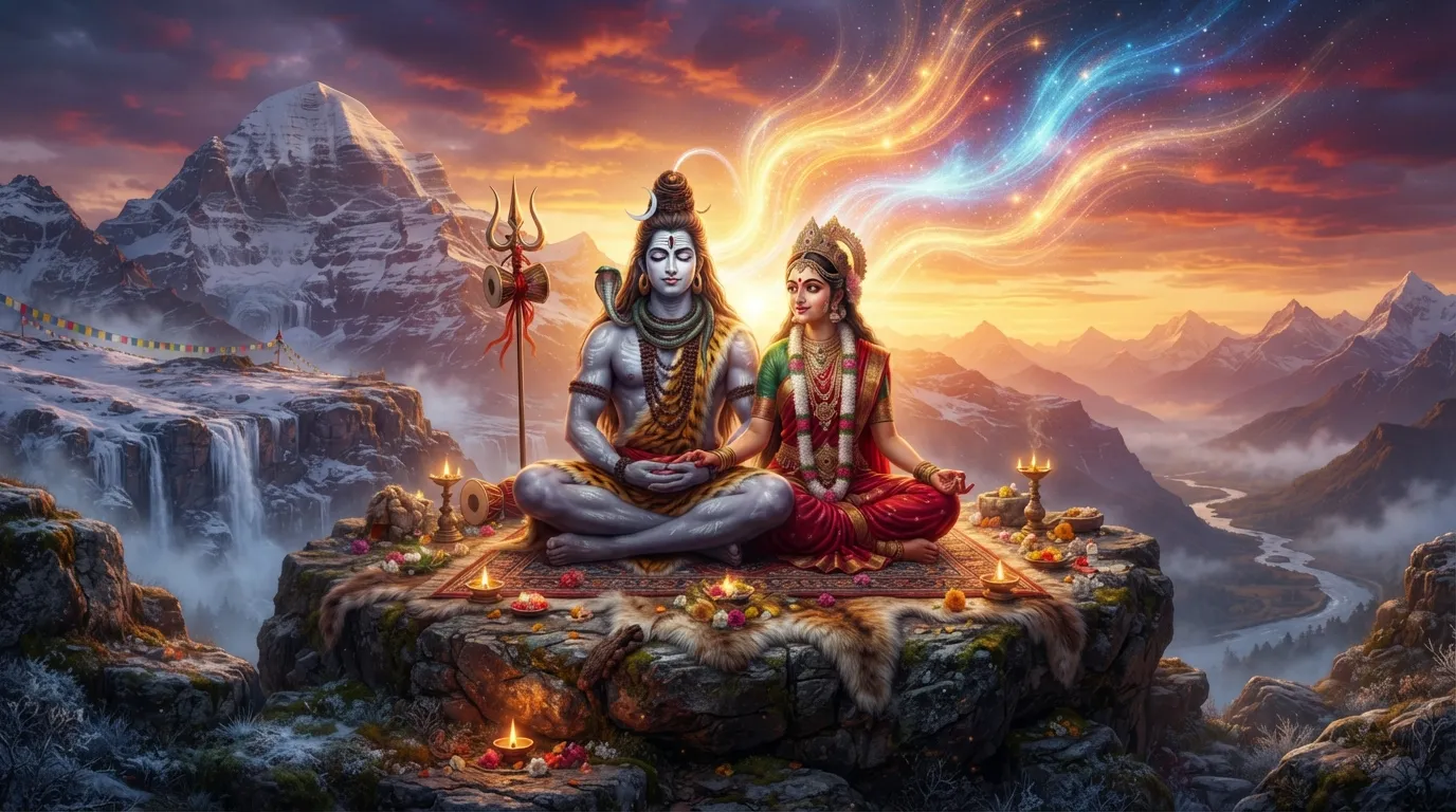 Shiva and Parvati meditating together at Mount Kailash during a golden sunset.