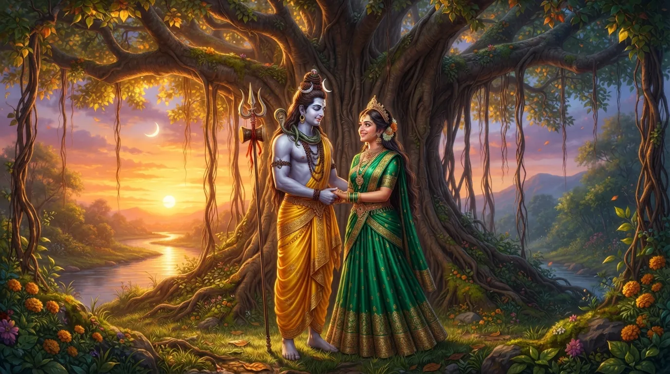 Creative illustration of a divine couple holding hands under a large ancient tree during a golden sunset