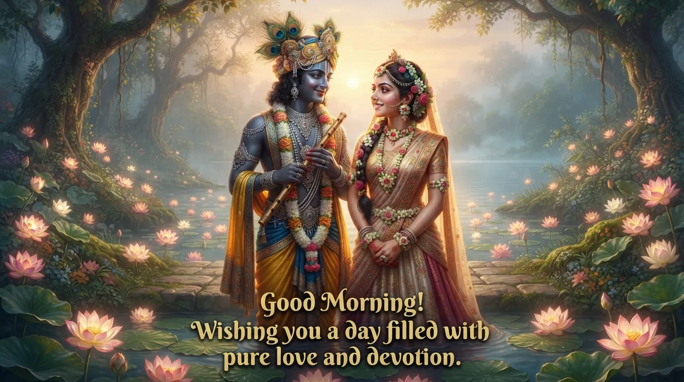 Radha and Krishna standing together surrounded by flowers with a morning greeting.