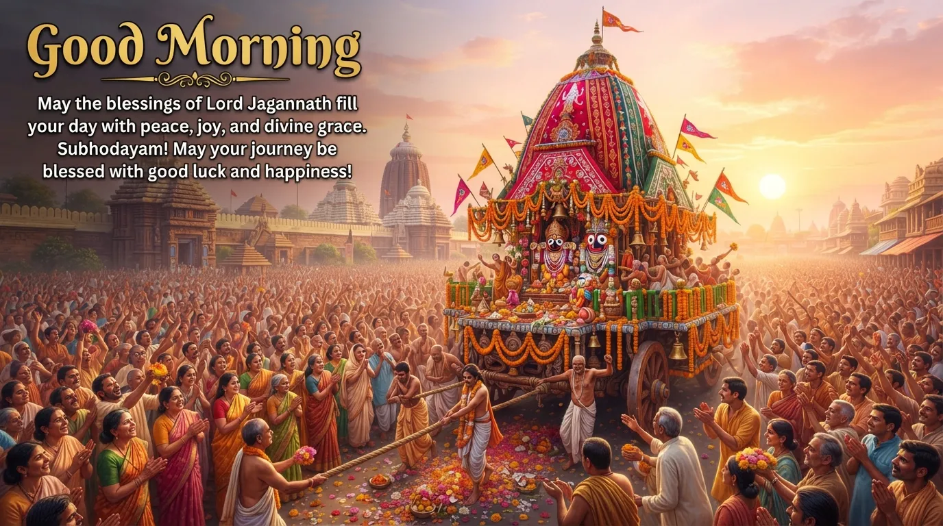 Lord Jagannath chariot during Ratha Yatra festival with a sunrise background and Good Morning wish.