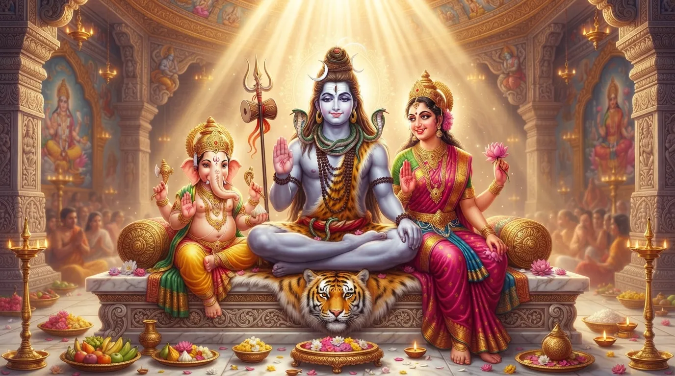 Complete holy family of Lord Shiva, Goddess Parvati, and young Lord Ganesha sitting in a blessing posture.