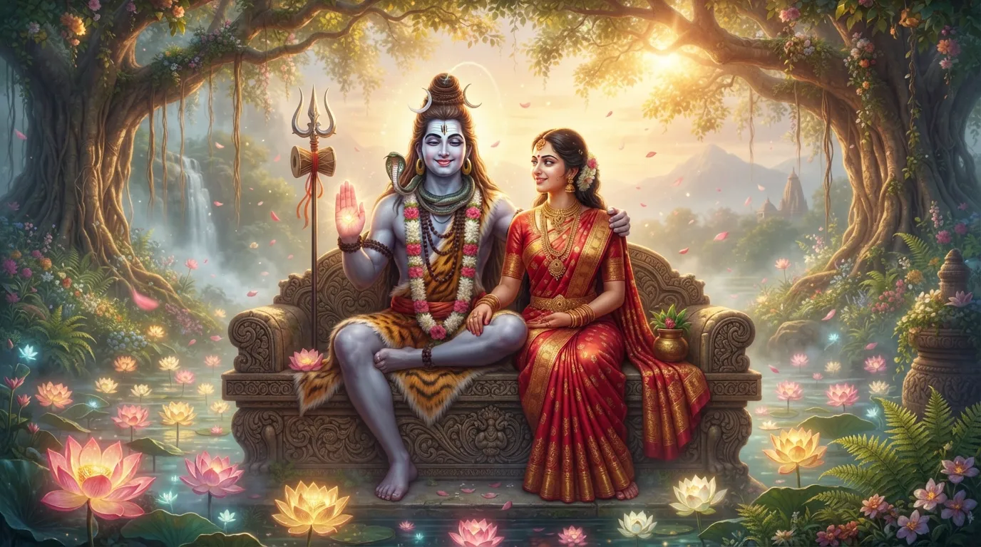 Lord Shiva and Goddess Parvati sitting together in a peaceful divine blessing pose, mahadev wallpaper hd 4k for pc.
