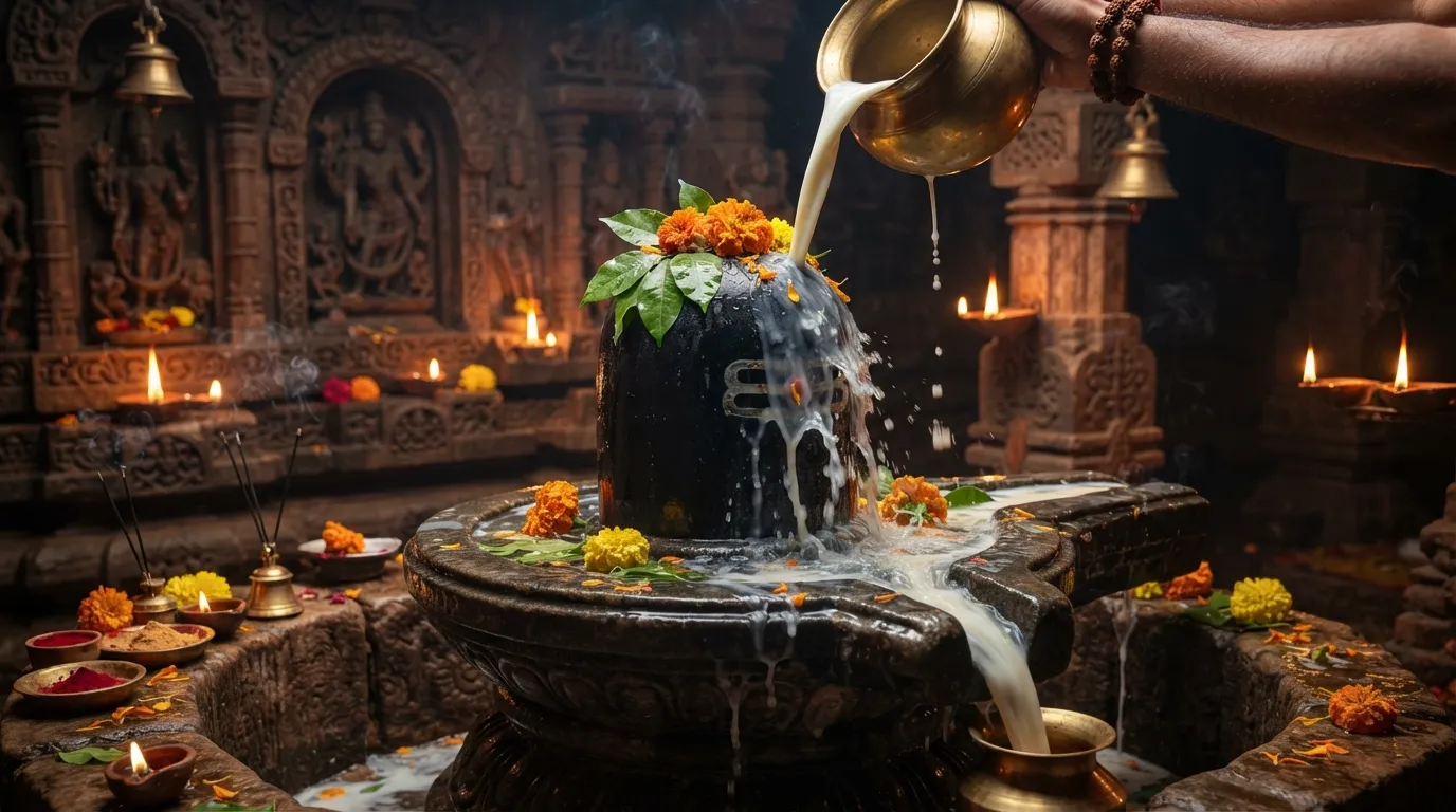 Sacred Shiva Lingam being worshipped with water and milk offering.