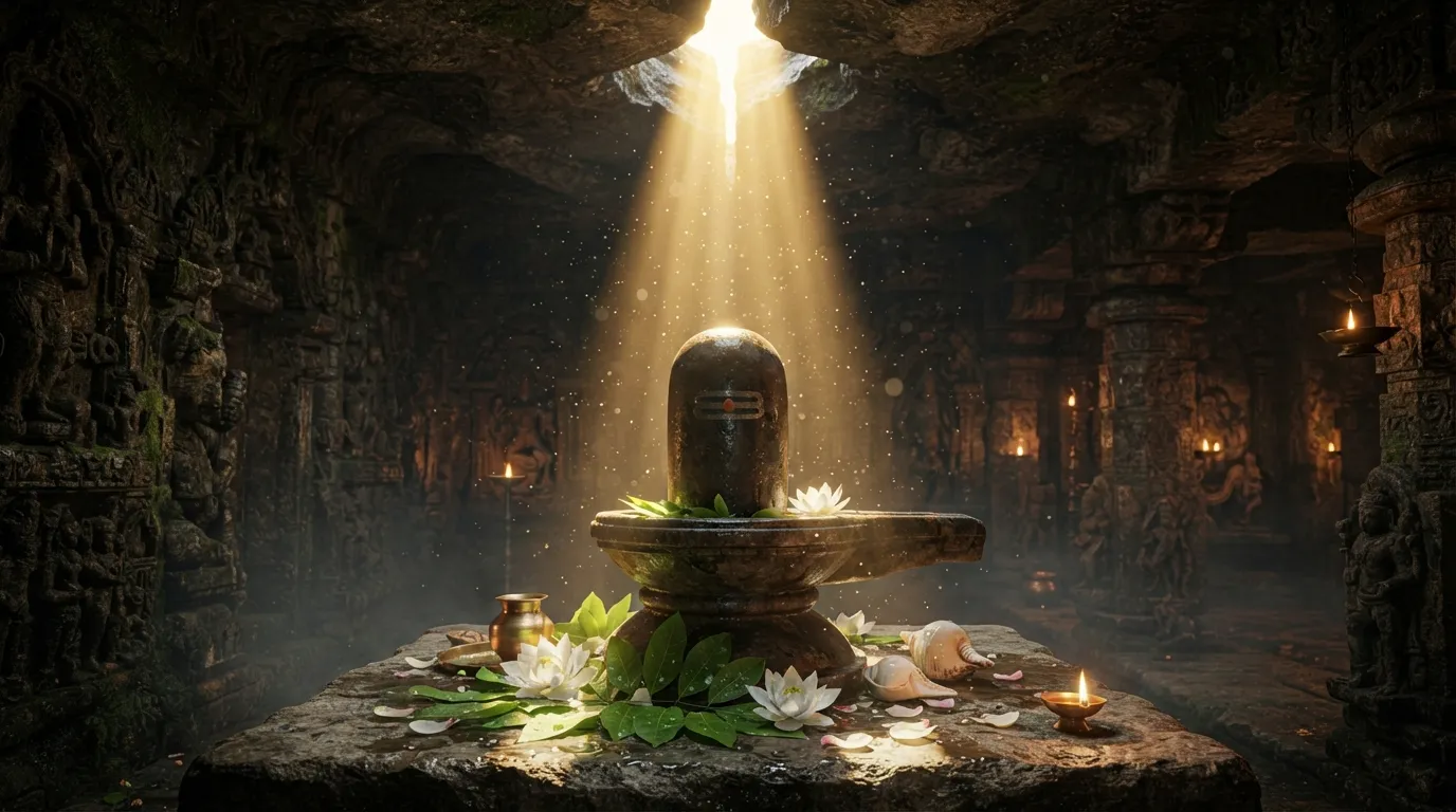 Luminous Shiva Lingam inside a mystical temple cave with golden aura in 4K.