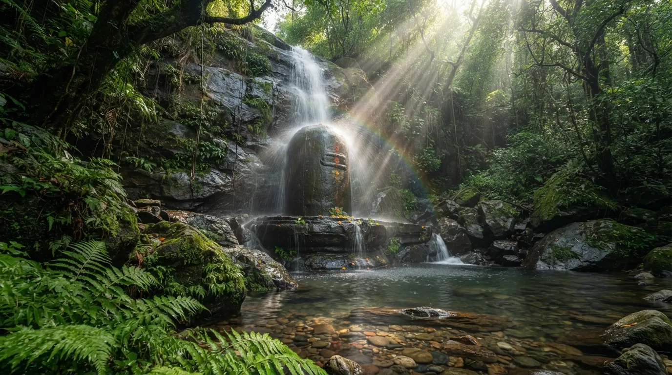 Full HD image of a large rock-carved Shivling located in a serene forest underneath a crystal clear waterfall.