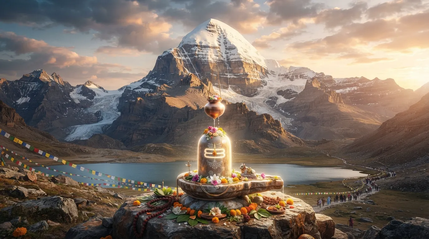 The distinct peaks of Shivling and Mount Kailash, standing close together in a majestic composition.