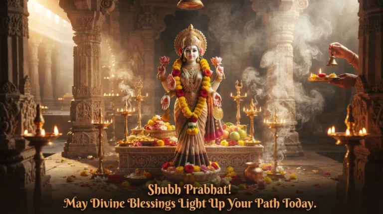 Goddess Laxmi idol illuminated inside a temple with morning diya lights