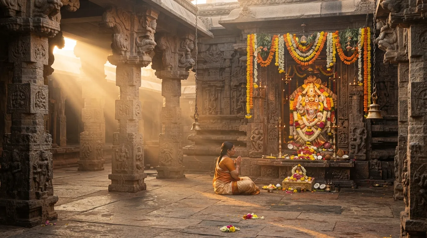 Traditional Indian temple at sunrise with god rays for Saturday morning