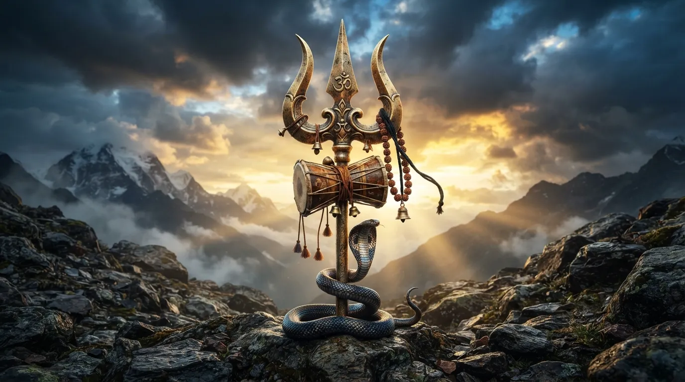 Close up shot of Lord Shiva's divine Trishul and Damru with cinematic lighting, Mahadev hd wallpaper 4k