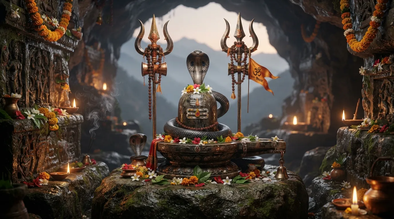 Shivling with Shiva's Trident and Serpent Resting Nearby