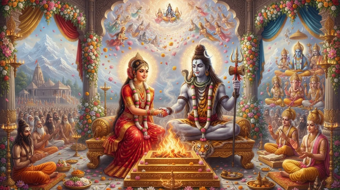 Detailed depiction of the holy marriage ritual of Shiva and Parvati with sacred fire