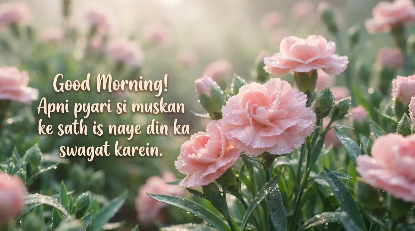 Soft pink carnation flowers dewy morning scene in Hindi