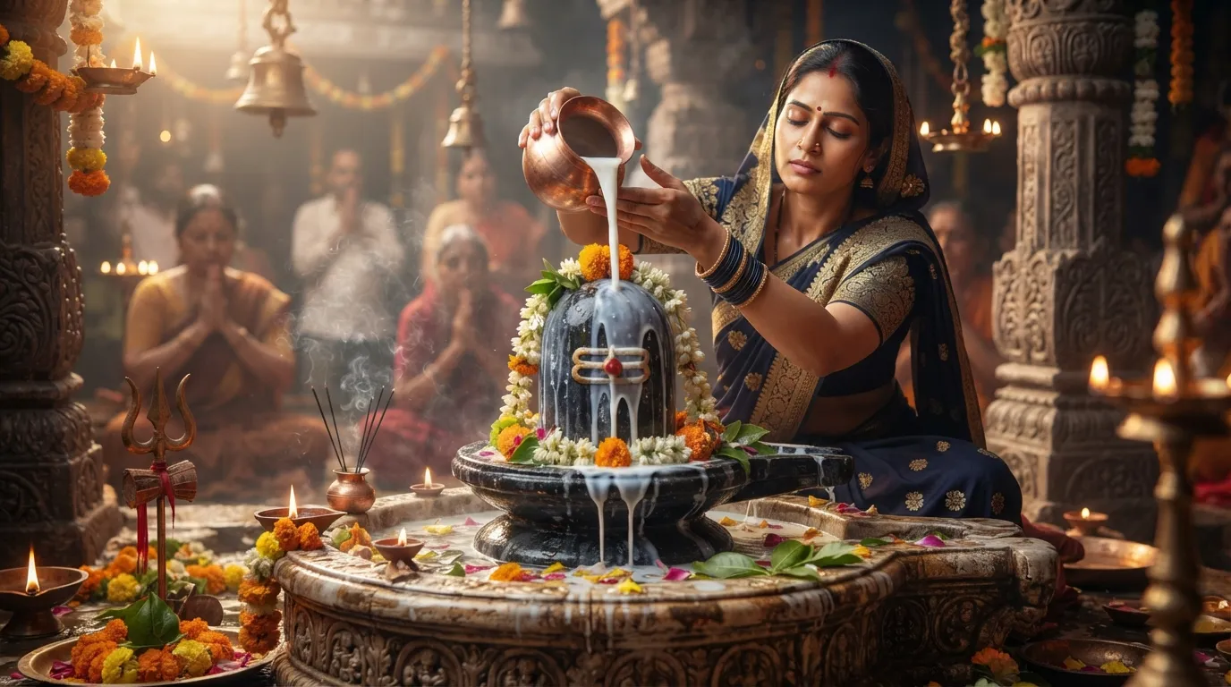 Ek Bholenath Shivling jis par dudh chadhaya ja raha hai.