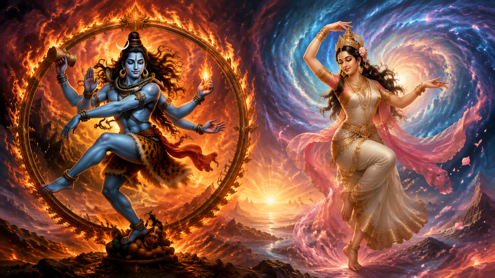 Artistic rendering of Lord Shiva's Nataraja dance and Parvati's elegant dance against a vibrant cosmic sunrise.