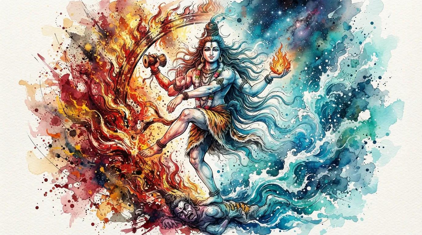 Abstract vibrant painting of Nataraja depicting the elements of fire and water