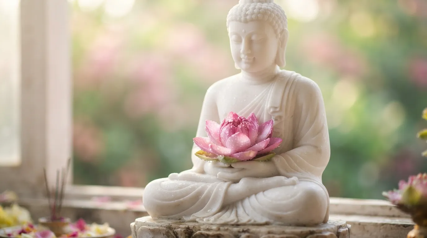 Pure white Buddha statue holding a blooming pink lotus flower, bathed in soft morning light.