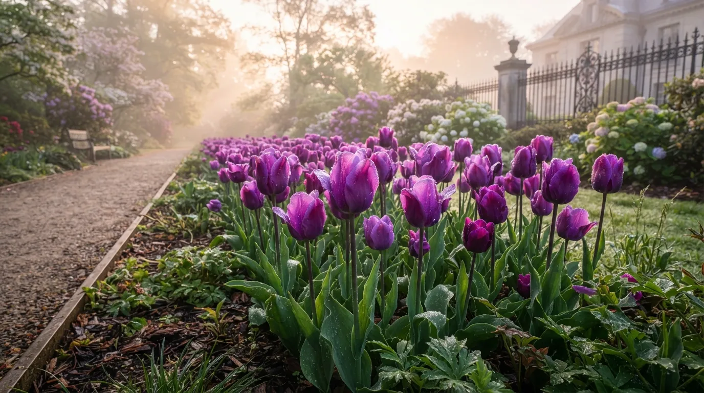 A row of elegant purple tulips glowing under the warm rays of a morning sun.