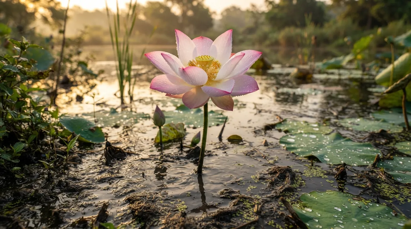Vibrant pink lotus flower standing tall under a morning sunbeam