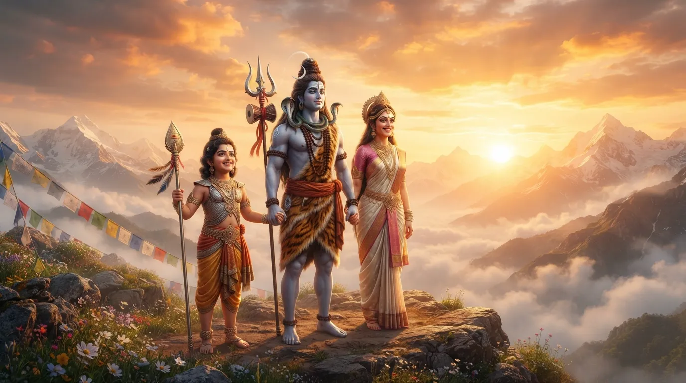 Shiv Parvati and Kartikeya photo real, looking at a beautiful sunrise with hope and promise.