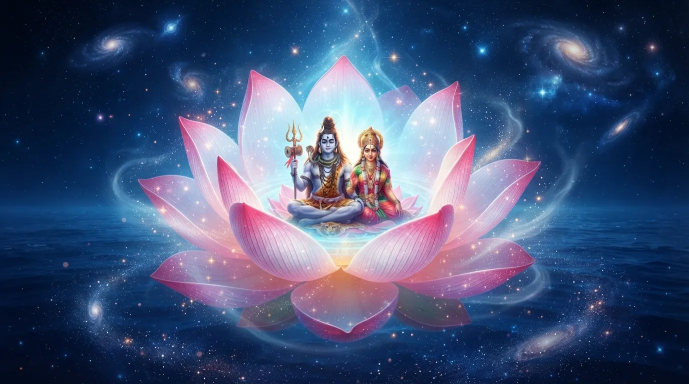 A visually stunning animated image showing Lord Shiva and Goddess Parvati emerging together from a giant, blooming divine lotus flower, symbolizing purity and new creation.