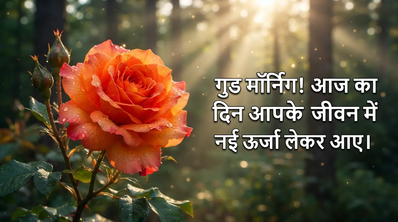 Rare orange rose with a powerful morning inspiration quote in Hindi text.