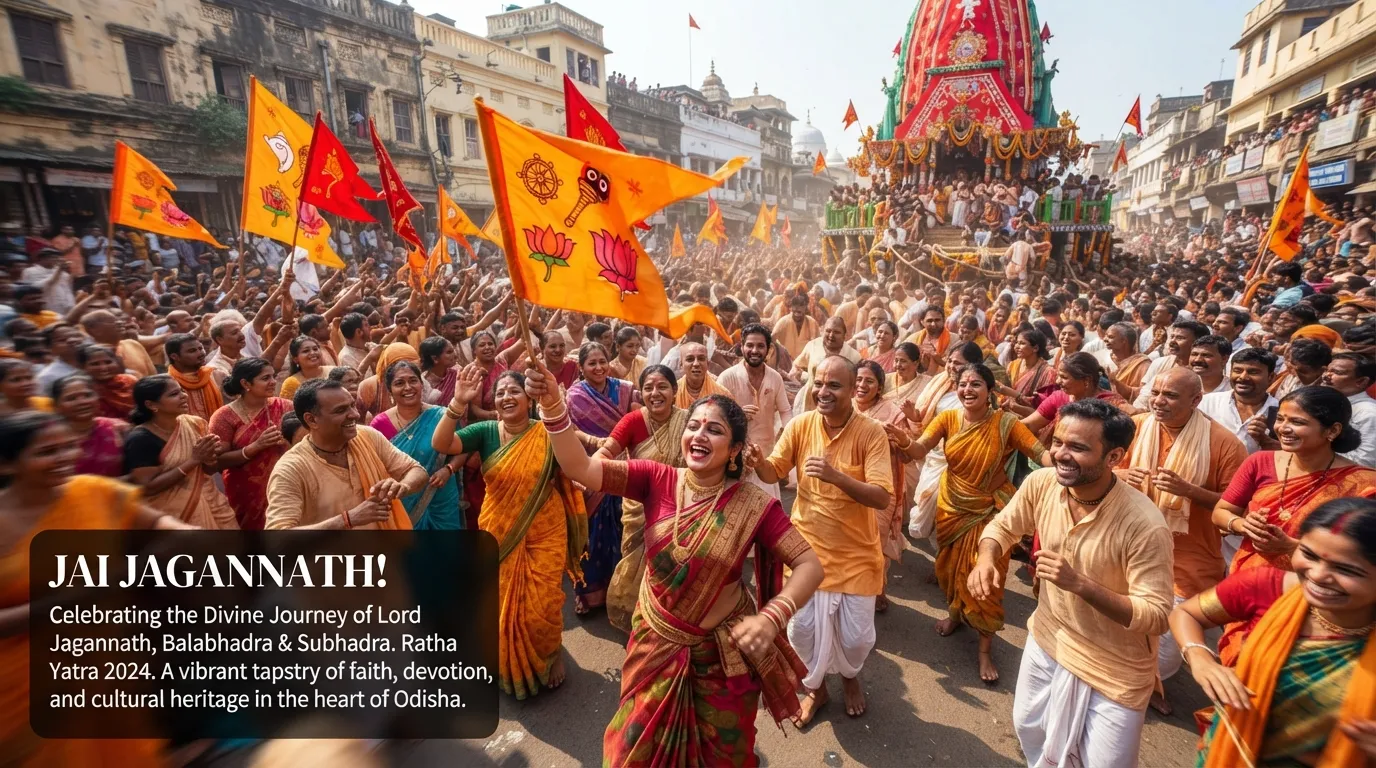 Joyful devotees waving spiritual flags during the morning procession of Ratha Yatra.