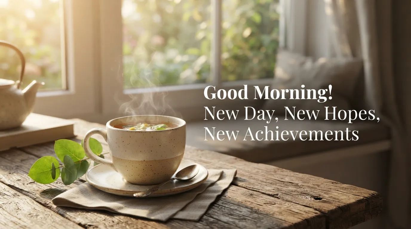 A new style good morning image featuring a white ceramic tea cup on a rustic wooden table with soft morning sunlight.