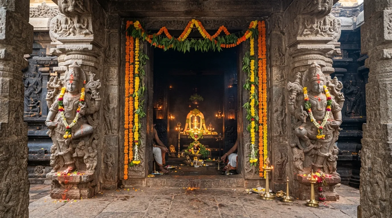 The magnificent stone entrance of Rameshwaram Temple Karpagragam leading to the Shivling.
