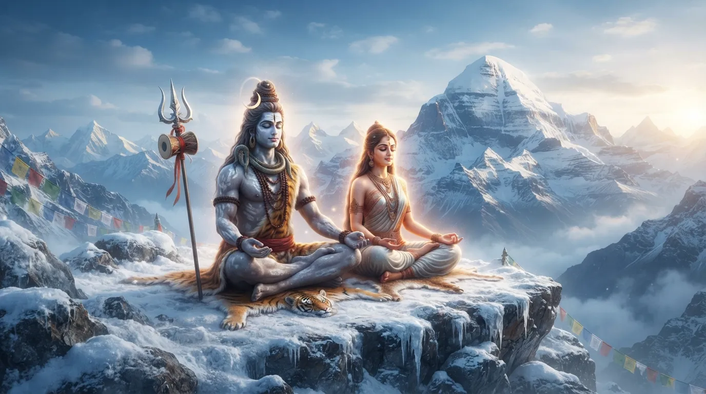 Shiv Parvati images real, sitting in deep meditation on the snow-capped Mount Kailash.