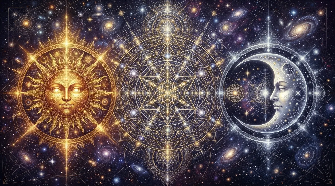 A perfectly symmetrical sacred mandala featuring the sun and moon on opposite sides in a dark night sky.