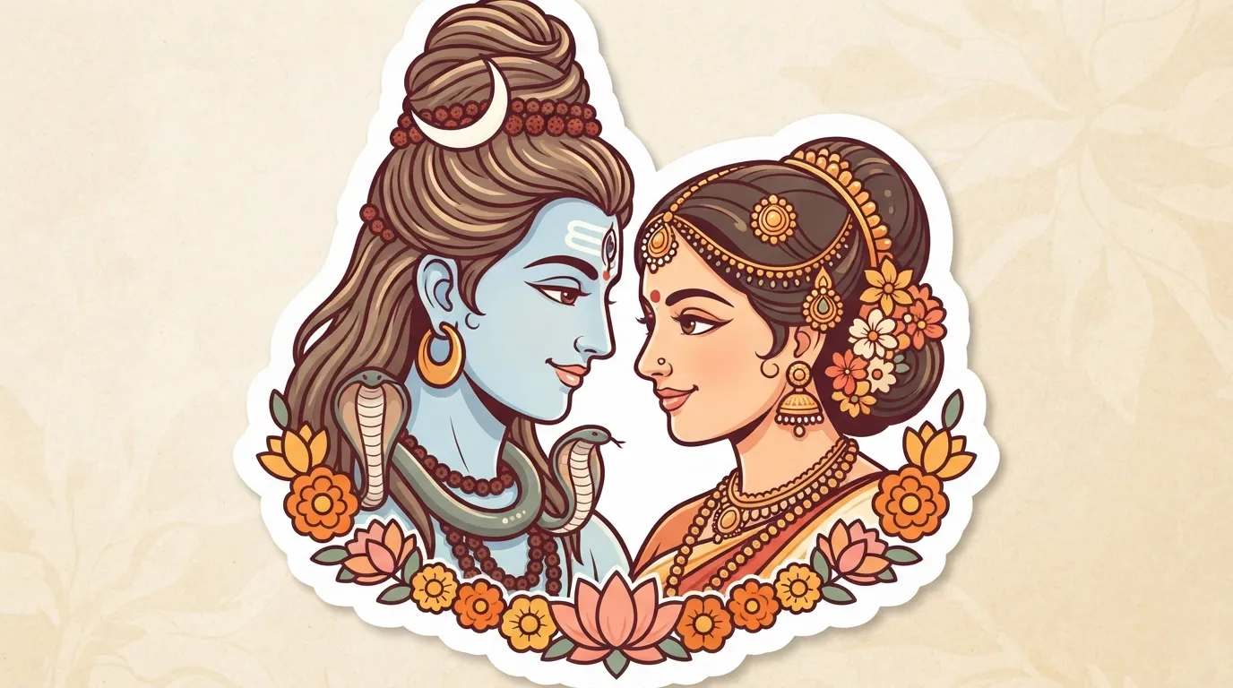 Romantic sticker style drawing of Shiva and Parvati looking at each other with a soft floral frame.
