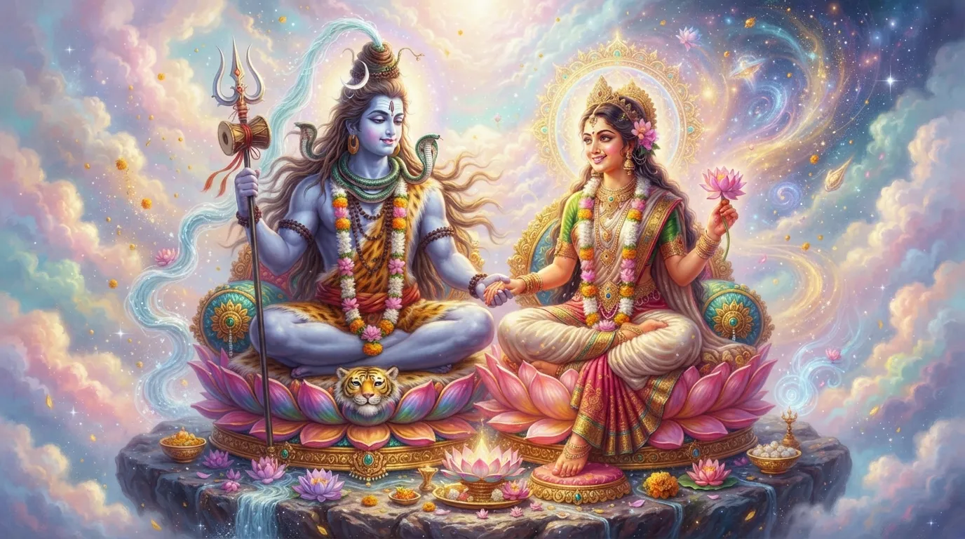 Shiva and Parvati holding hands while seated on vibrant lotus thrones surrounded by celestial light.