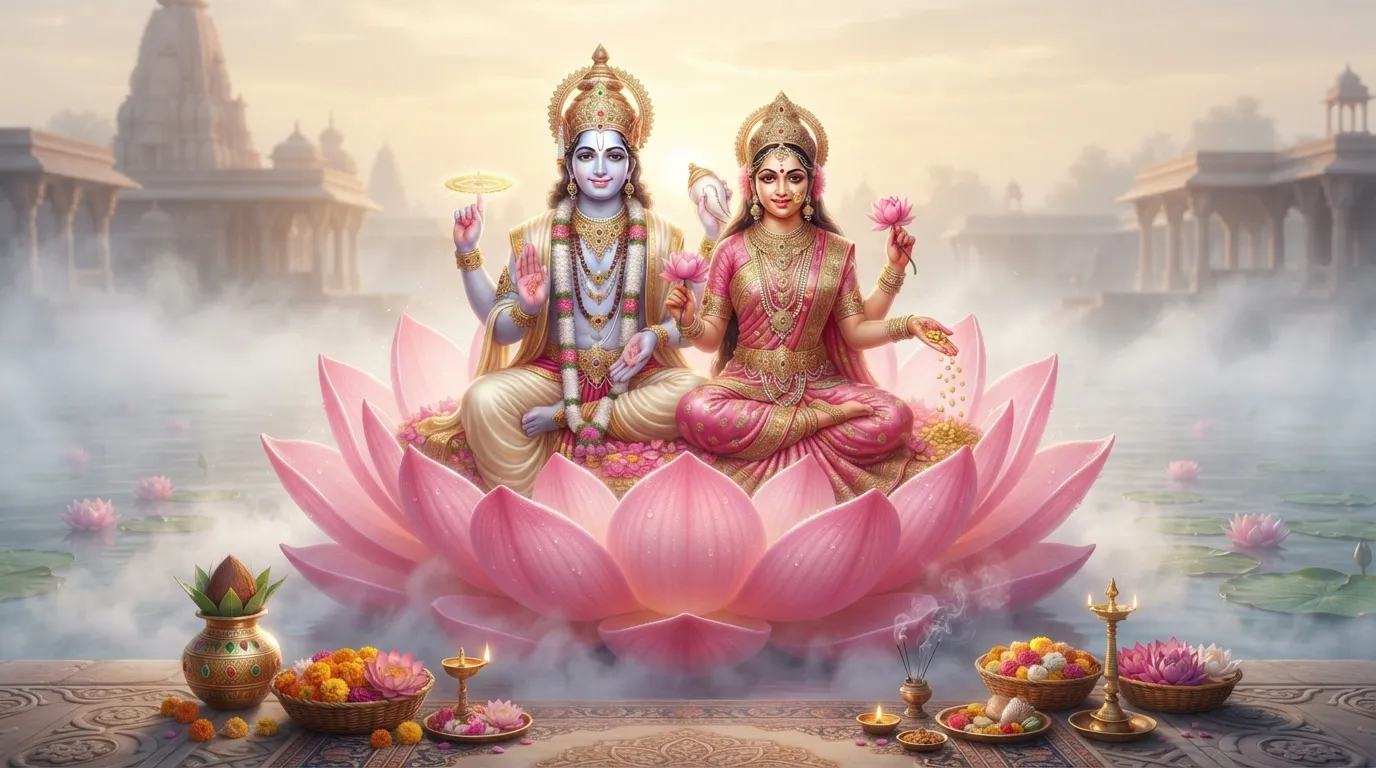 Seated divine couple occupying a large blooming lotus in a sacred space