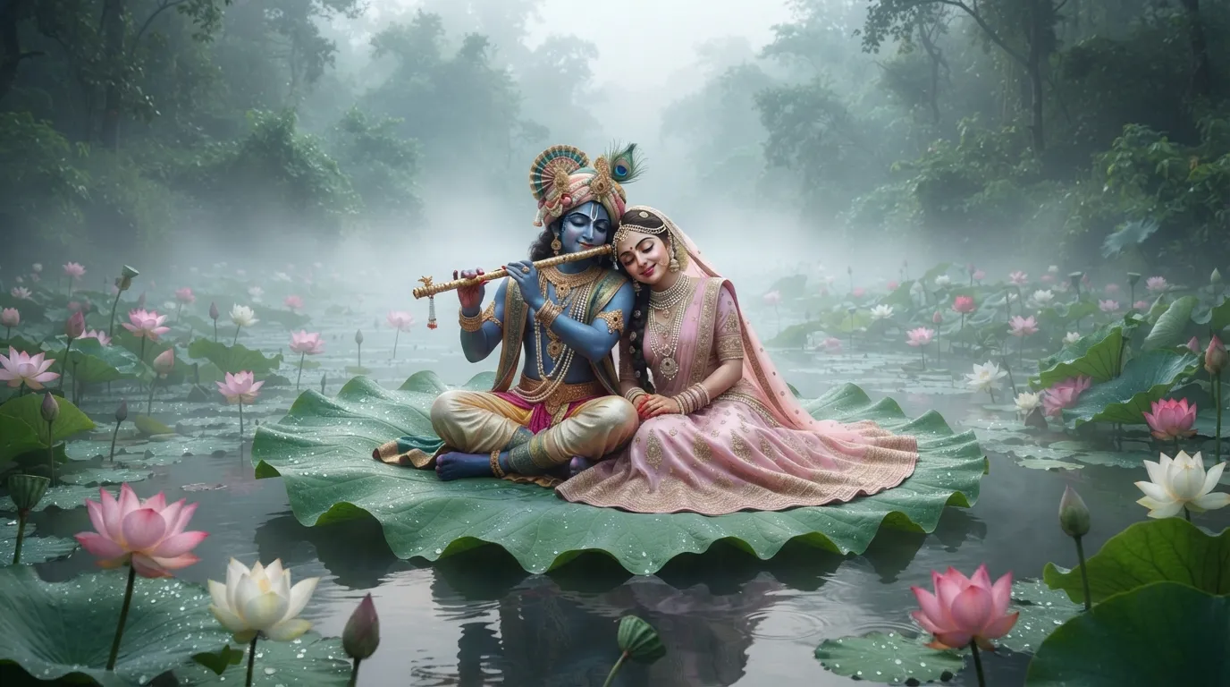 Romantic digital art of a divine couple sitting together on a large lotus leaf in a misty pond