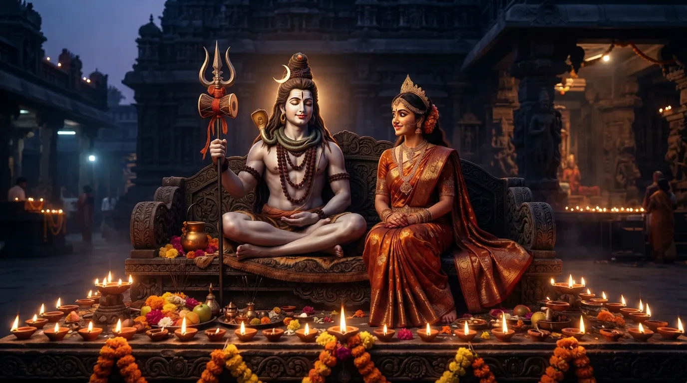 Seated divine couple illuminated by the warm light of traditional oil lamps