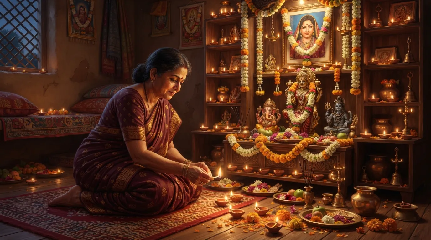 Artwork of a woman lighting earthen clay lamps around a beautiful home altar for Goddess Parvati