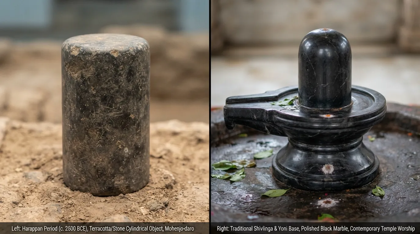 Visual side by side comparison of a Harappan cylindrical stone artifact and a traditional Shivling.