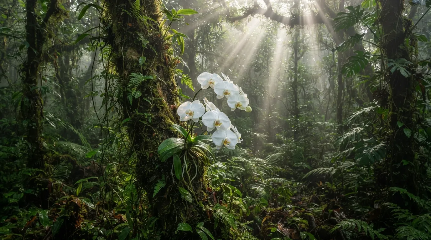 Elegant white orchids growing naturally on a mossy tree branch in a sunlit forest.