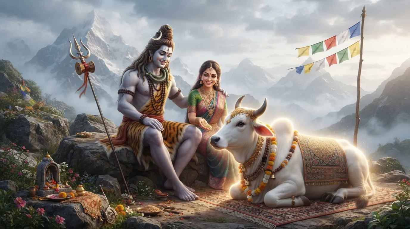 A serene animated image depicting Lord Shiva and Goddess Parvati with their faithful vahana (vehicle), the white bull Nandi, in the tranquil surroundings of Kailash.